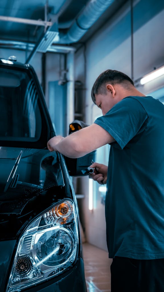 A mechanic focuses on fixing a car's side mirror in a well-lit garage.